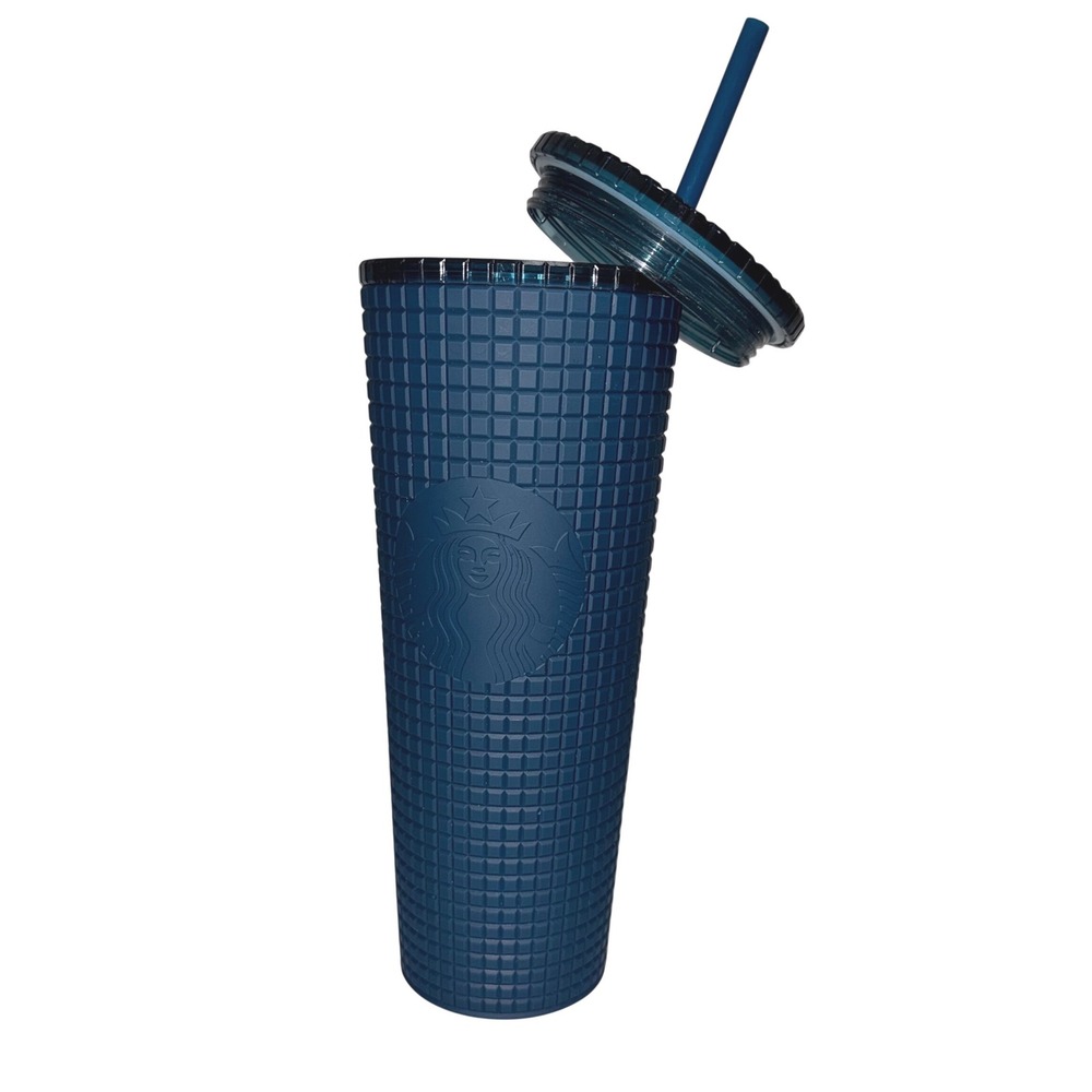Starbucks Tumbler Cold Cup 24oz Deep Teal Blue New Grid Studded Matte 2022